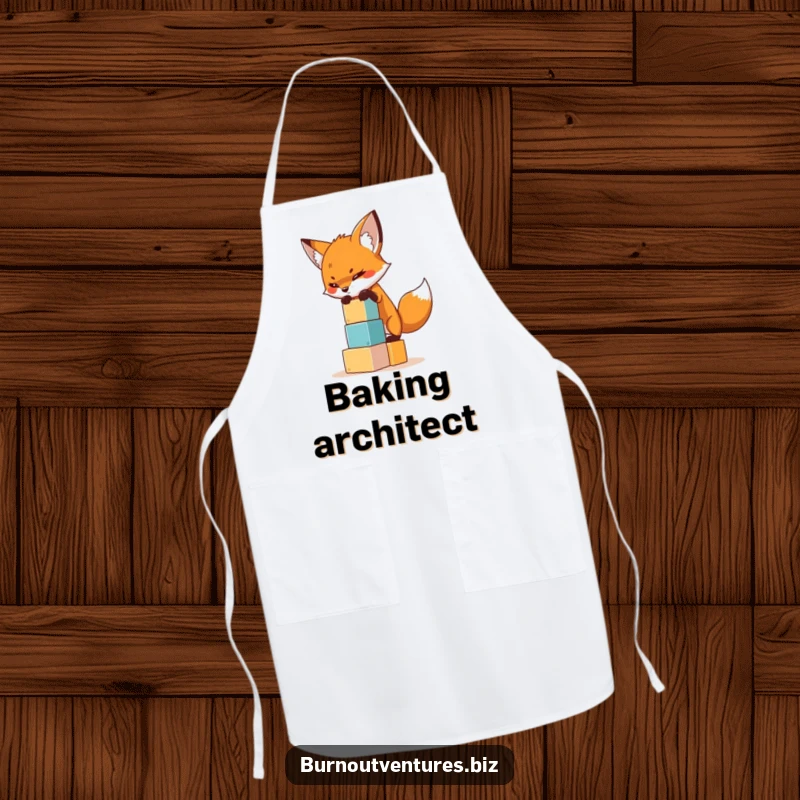 Funny apron showing a determined fox balancing miniature building blocks, a humorous kitchen accessory for the careful cook.