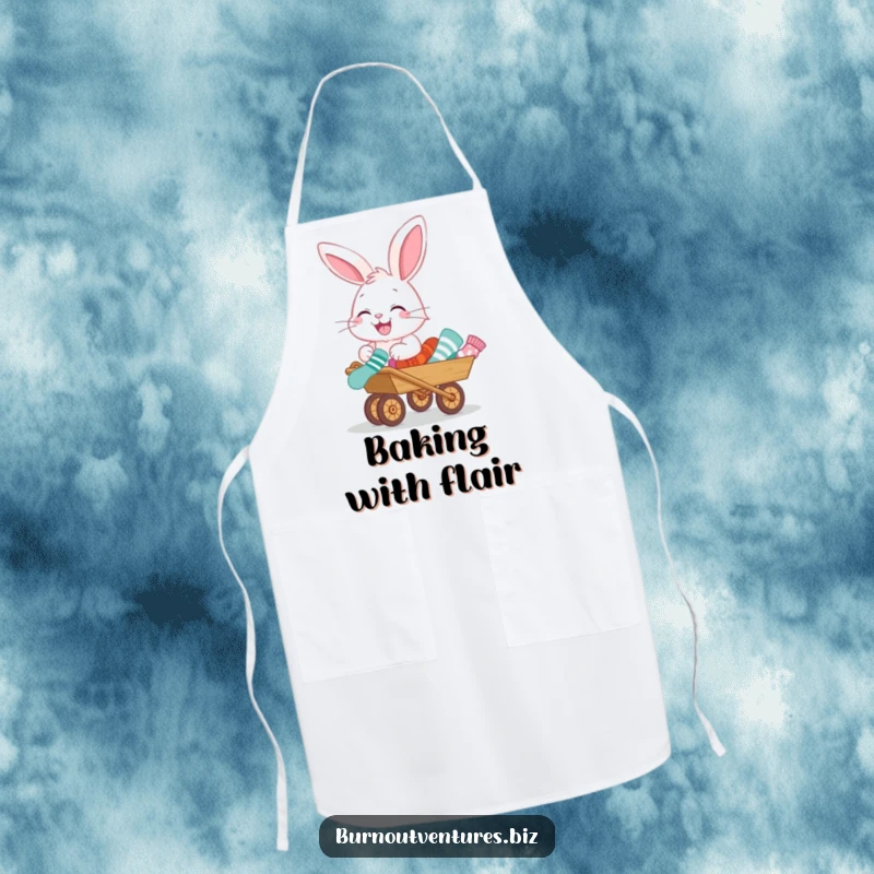 Funny apron showing a giggling bunny pushing a tiny wheelbarrow filled with mismatched socks, a comical kitchen accessory.