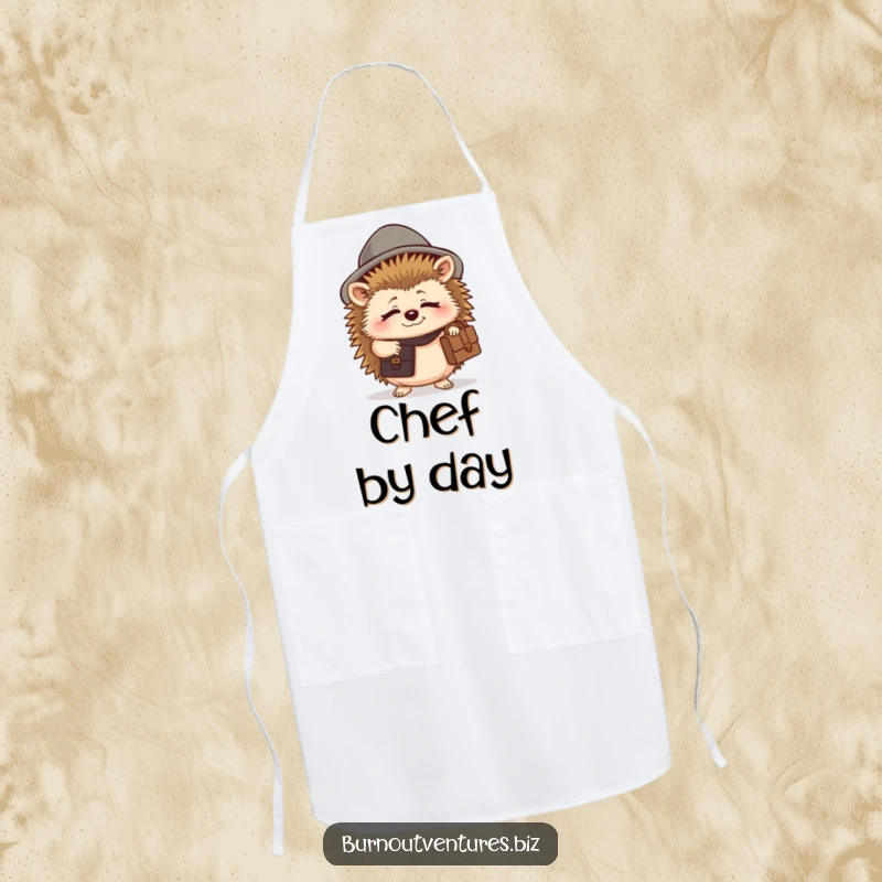 Funny hedgehog apron featuring a tired creature in a tiny hat holding a briefcase, a perfect funny kitchen gift.