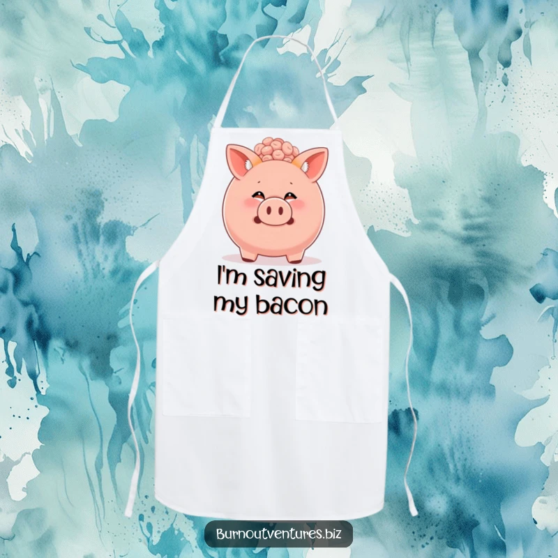 Funny fox cub peeking from a full piggy bank, depicted on a kitchen apron, adding humor to cooking and saving.