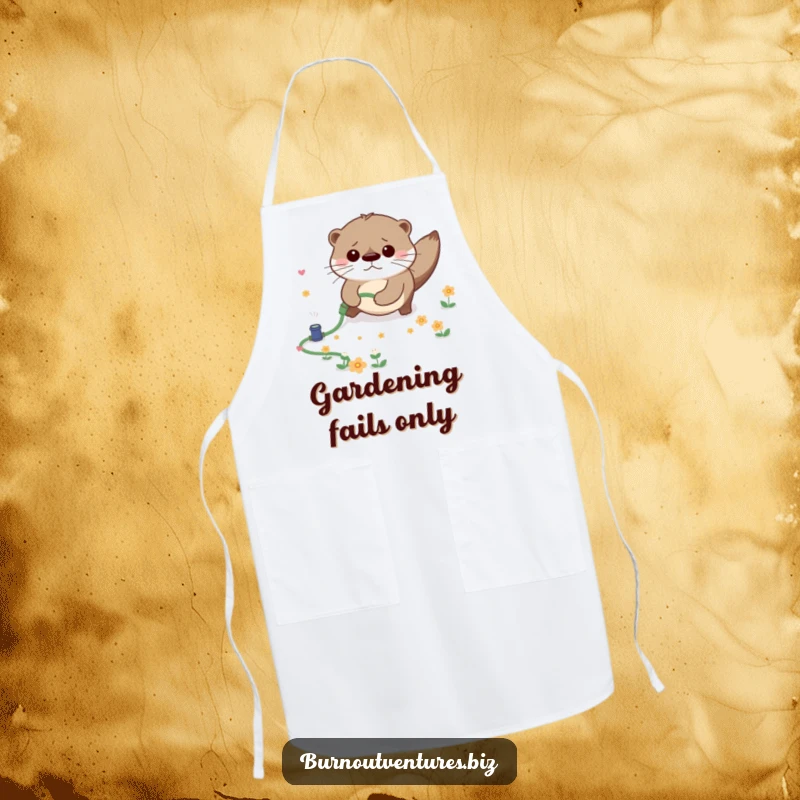 Funny apron showing a flustered otter tripping over a miniature garden hose, scattering tiny flowers, a comical kitchen accessory.