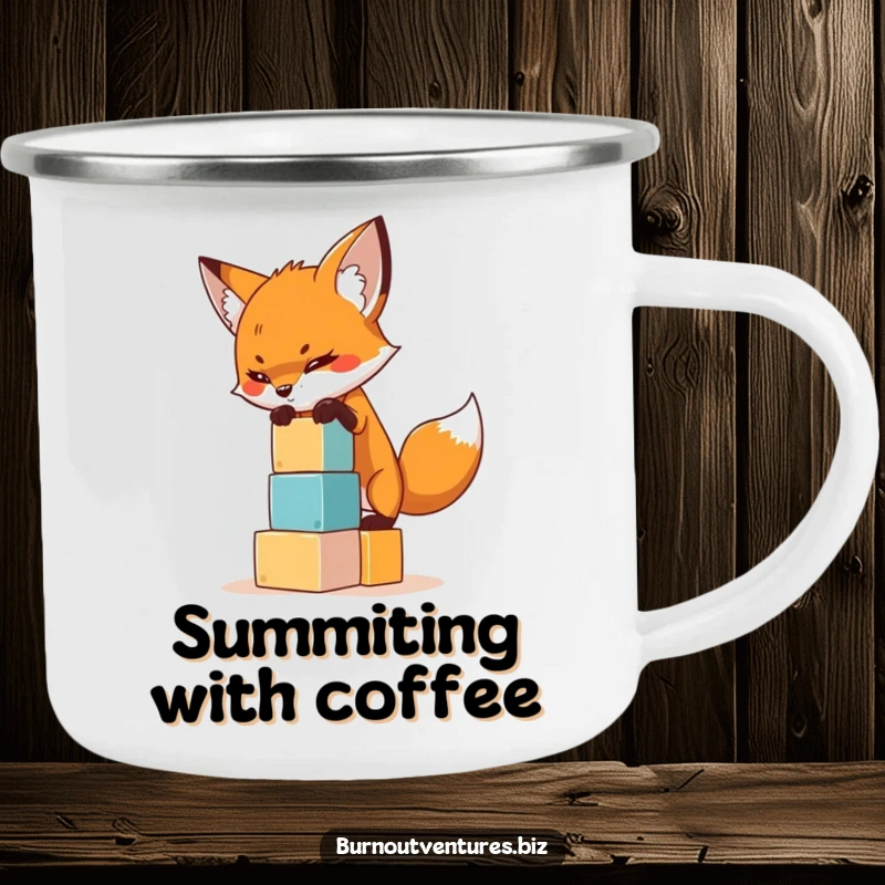 Funny camping mug showing a determined fox balancing miniature building blocks, great for outdoor focus and humor.