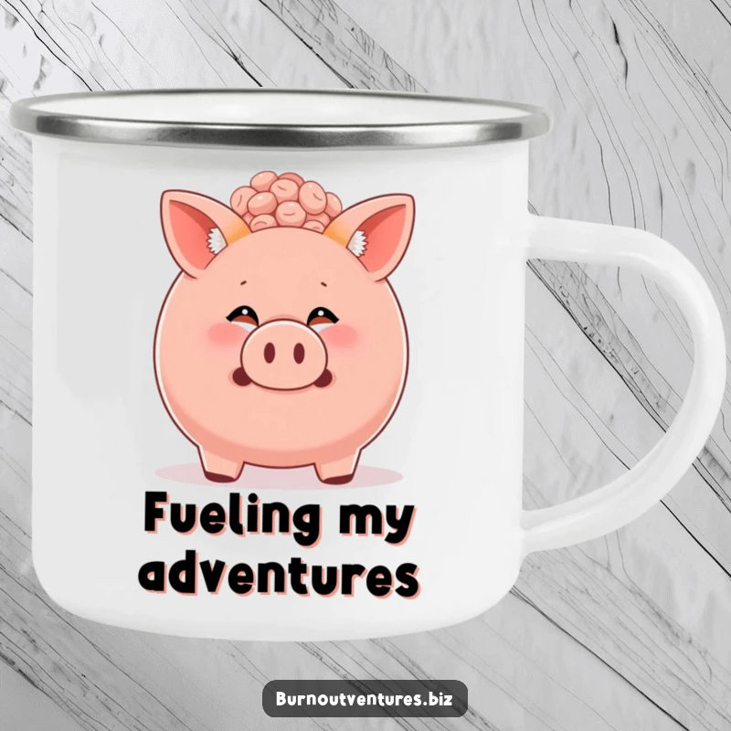 Funny fox cub popping out of a bulging piggy bank on a durable camping mug, ideal for outdoor humor.