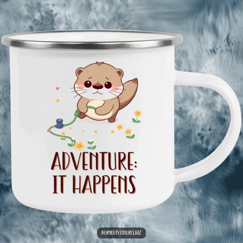 Funny camping mug showing a clumsy otter tripping over a mini garden hose, scattering tiny flowers, great for outdoor humor.