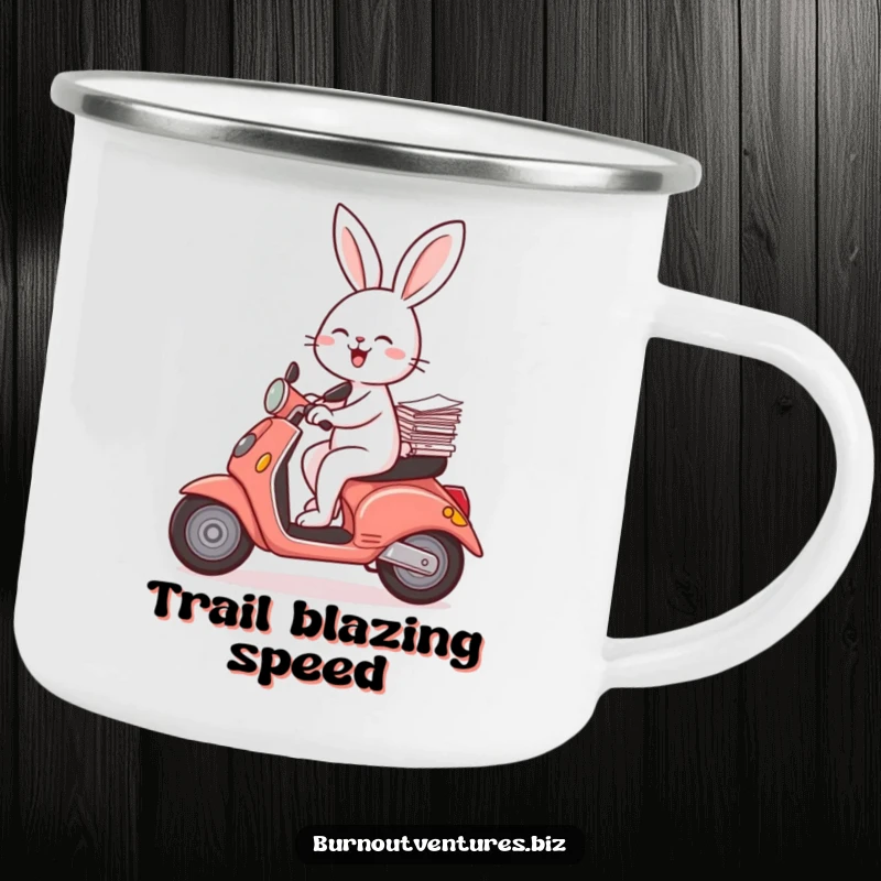 Funny rabbit on a scooter balancing papers, on a rustic camping mug, perfect for outdoor humor and a funny gift.