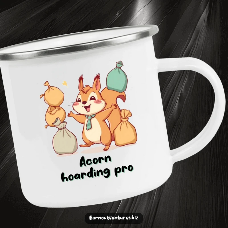 Funny squirrel in a tie, juggling bags, on a rustic camping mug, perfect for outdoor humor and a funny gift.