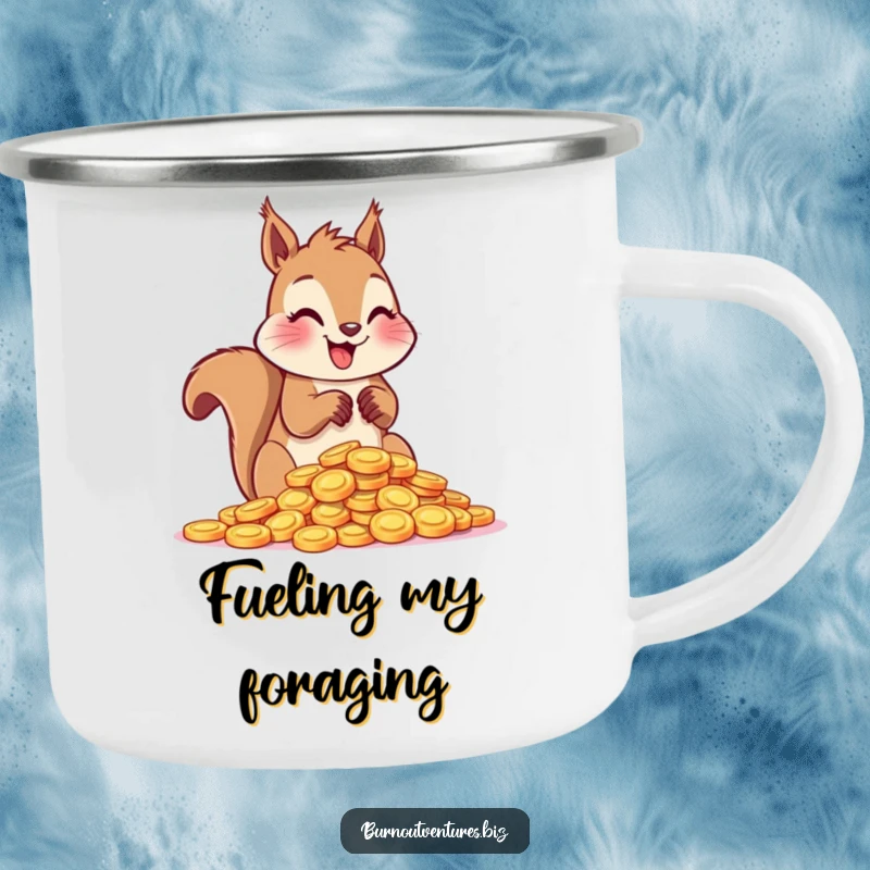 Funny squirrel gleefully counting shiny tokens with its paws on a durable camping mug, ideal for outdoor collectors.