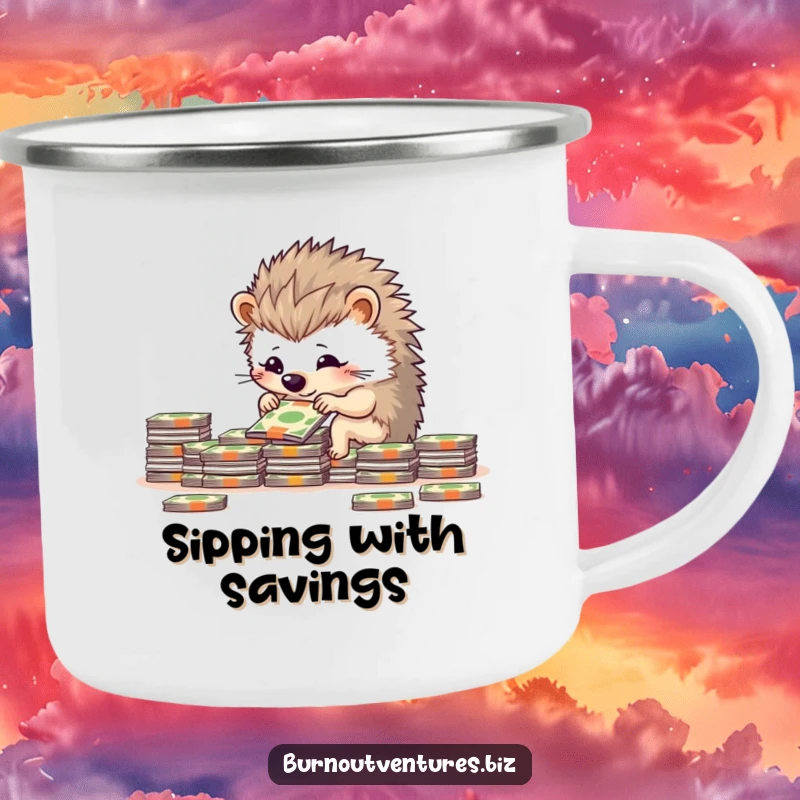 Funny determined hedgehog carefully arranging miniature bills on a durable camping mug, ideal for organized outdoorsy types.
