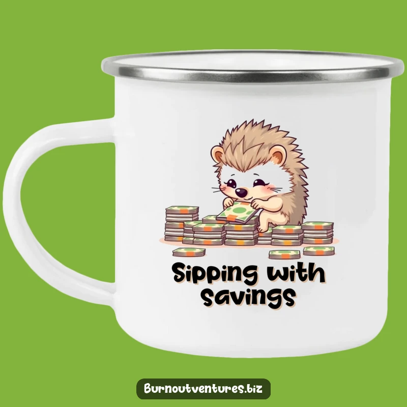 Funny Hedgehog Money Camp Mug: Outdoor Organization for the Determined Saver