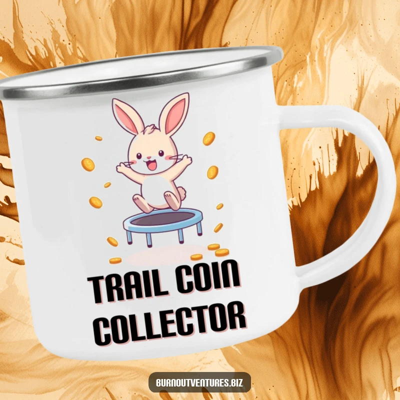 Funny Bunny Camping Mug: A playful bunny enthusiastically bounces on a tiny trampoline, scattering coins, ideal for outdoor earning dreams and humorous mornings.