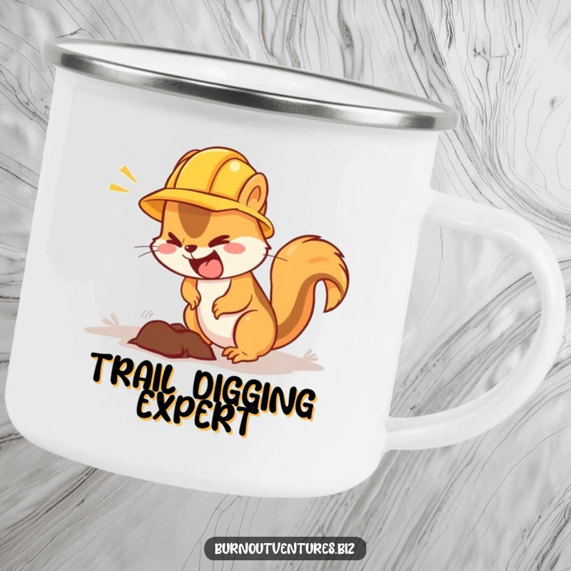 Funny squirrel camping mug with hard hat and shovel, perfect for outdoor projects.