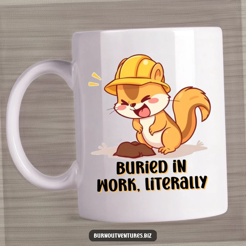 Funny squirrel mug with a hard hat, frantically digging, symbolizing hard work and determination, a great gift.