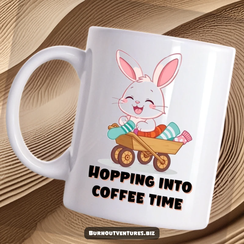 Funny mug featuring a giggling bunny gleefully pushing a miniature wheelbarrow overflowing with mismatched socks, a comical chore.