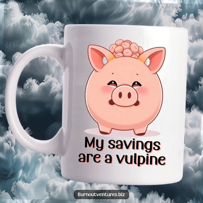 Funny fox cub peeking out of a bursting piggy bank design on a coffee mug, symbolizing financial humor and savings.