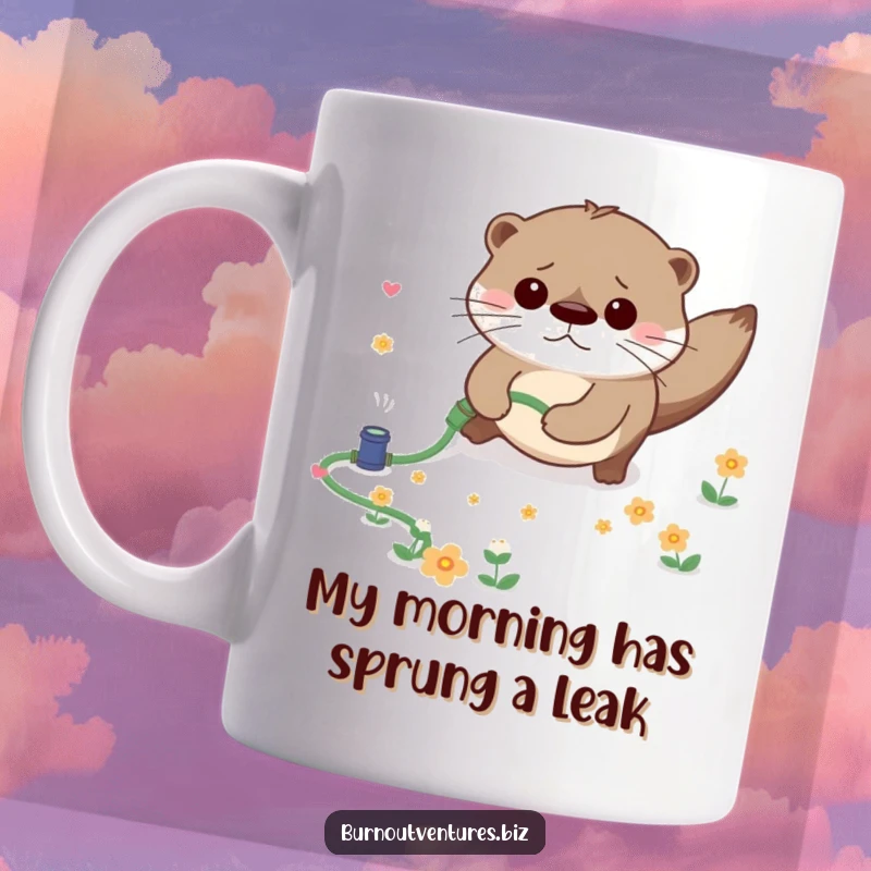 Funny mug featuring a worried otter tripping over a tiny garden hose, scattering small flowers, a comical gardening disaster.