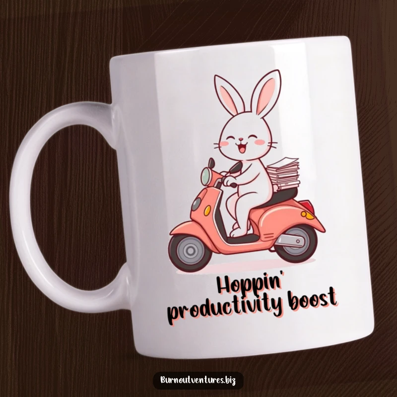 Funny joyful rabbit balancing papers while riding a scooter, depicted on a mug, ideal for a funny gift.