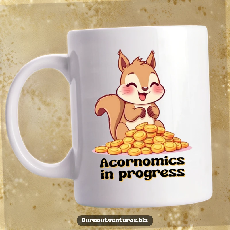 Funny squirrel happily counting a pile of shiny tokens with its paws on a coffee mug, representing joy in accumulation.