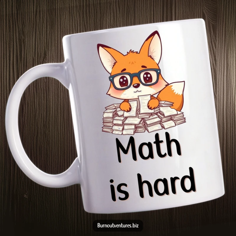 Funny fox wearing glasses, looking stressed by a huge pile of receipts, on a mug, ideal for a funny gift.