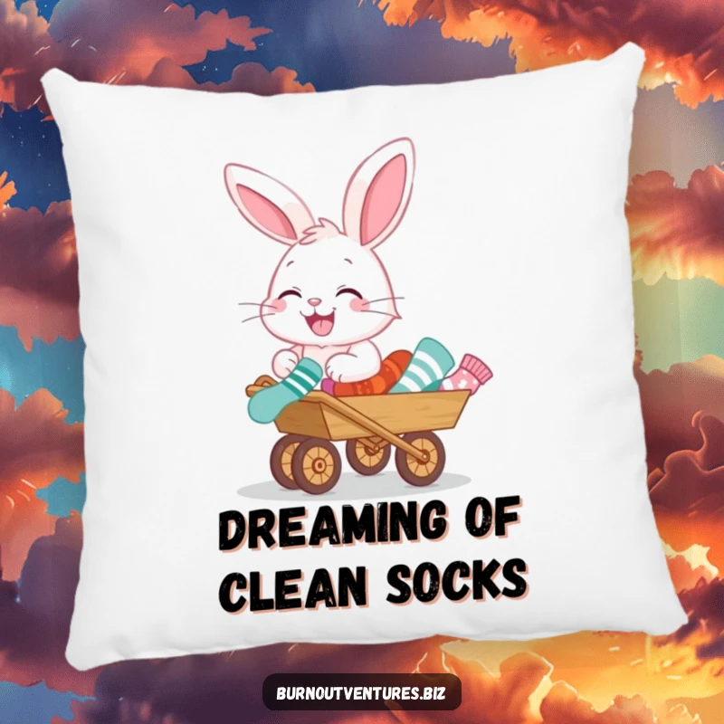 Funny pillow depicting a happy bunny pushing a miniature wheelbarrow full of odd socks, a cute and comical design.