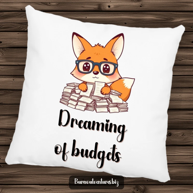 Funny fox with glasses peeking over a giant stack of receipts, depicted on a soft pillow, excellent funny gift.