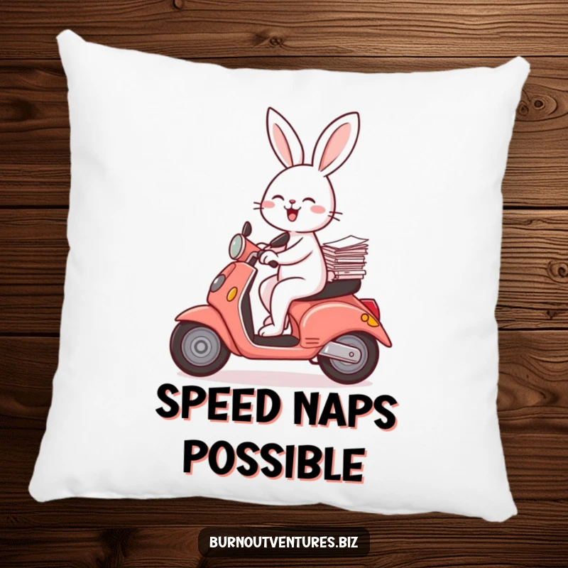 Funny rabbit on a scooter balancing papers, depicted on a soft pillow, excellent funny gift.