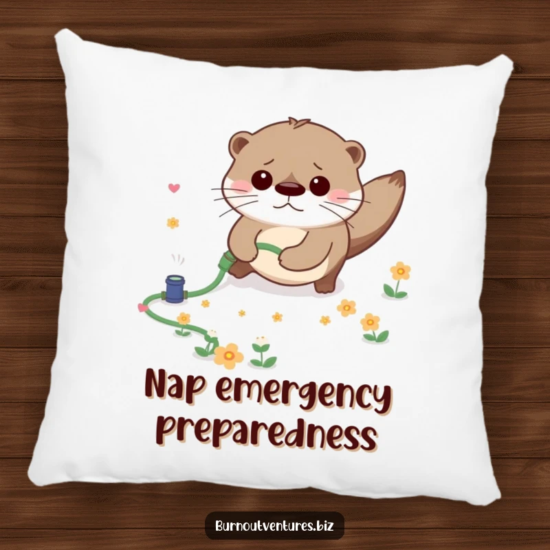 Funny pillow depicting a worried otter tripping on a small garden hose, scattering tiny flowers, a cute and comical illustration.