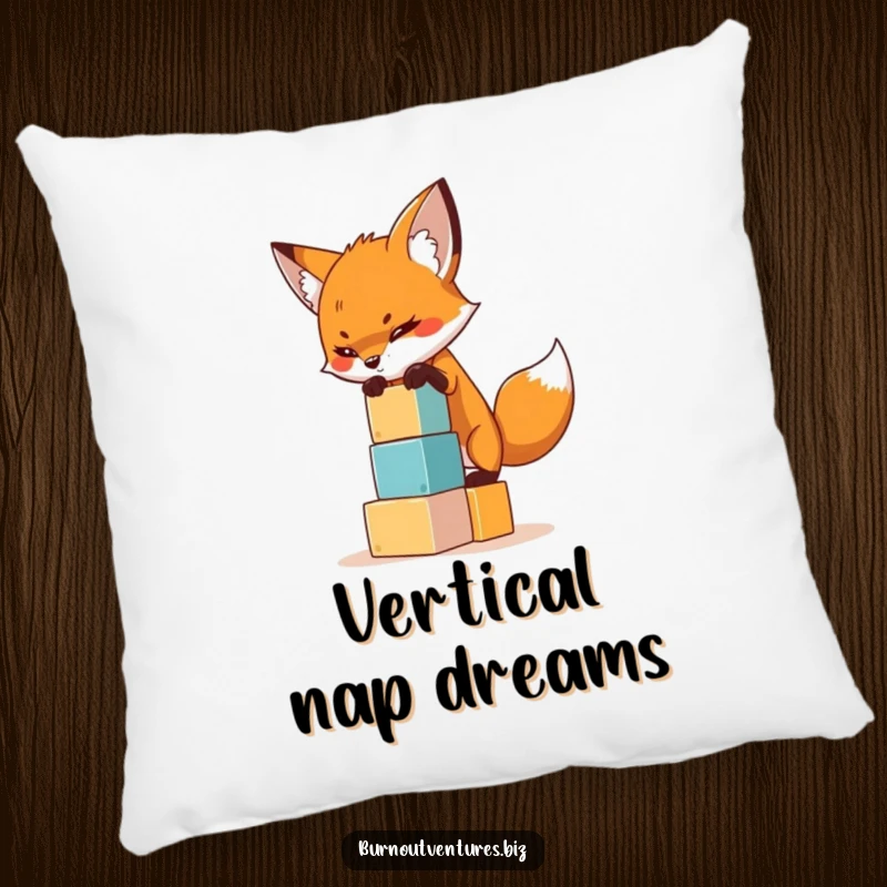 Funny pillow depicting a concentrated fox balancing a small stack of building blocks, a charmingly precarious and humorous design.