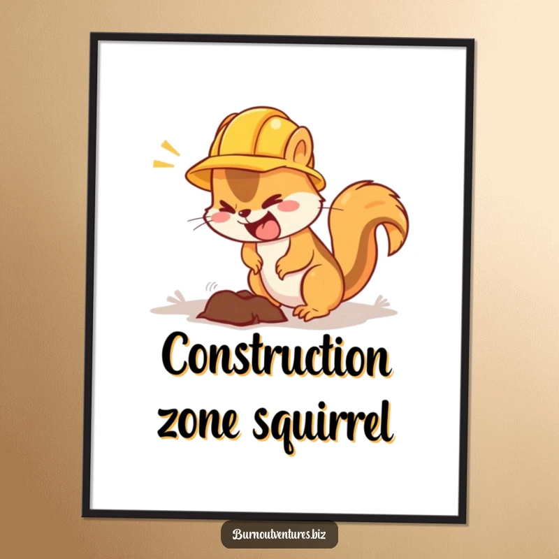 Funny squirrel digital art print of a squirrel in a hard hat digging, humorous decor.