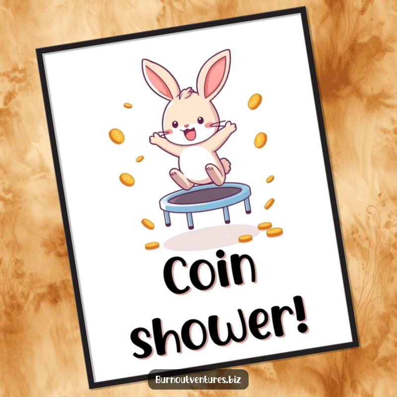 Funny Bunny Digital Art Print: A playful bunny enthusiastically bounces on a tiny trampoline, scattering coins, offering instant, humorous earning decor.