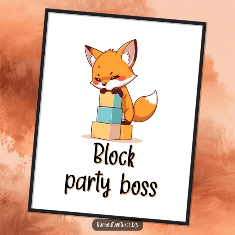 Funny digital art print of a determined fox balancing miniature building blocks, printable motivational artwork.