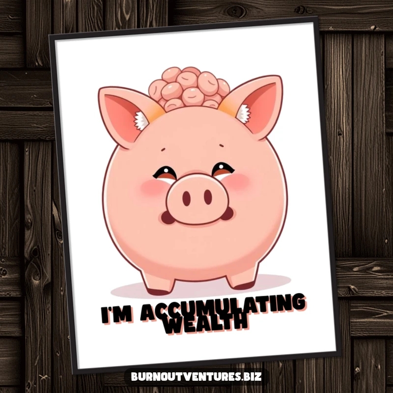 Funny fox cub peeking from a full piggy bank, presented as digital wall art, conveying playful financial humor.