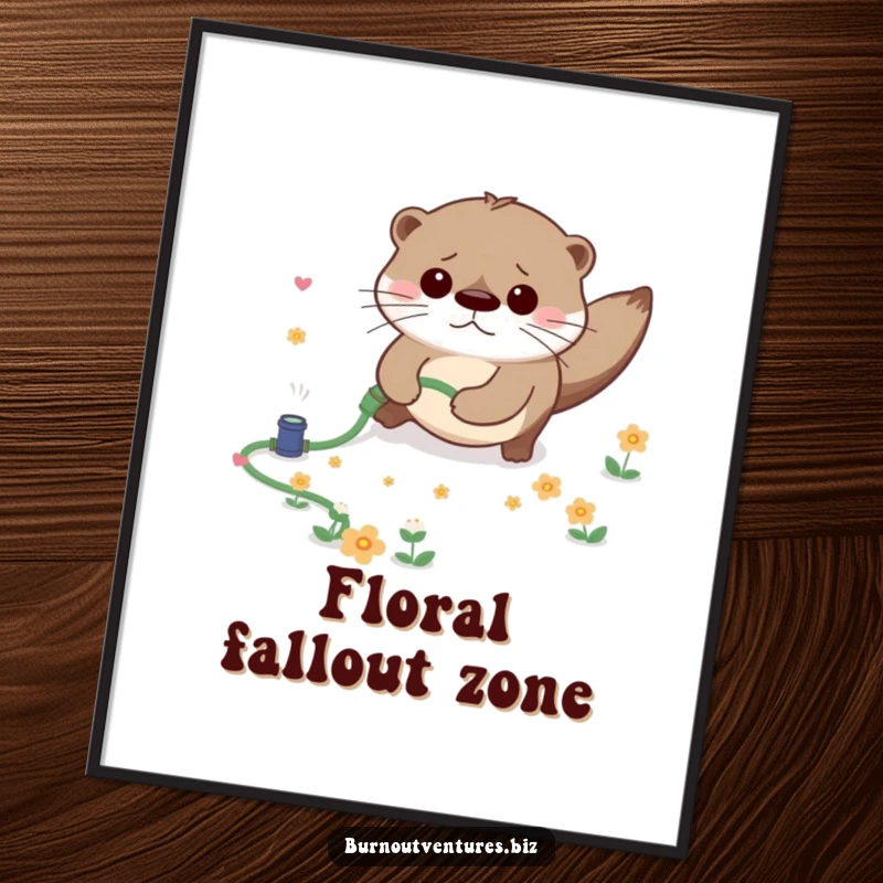Funny digital art print of a distressed otter tripping over a tiny garden hose, scattering miniature flowers, printable artwork.