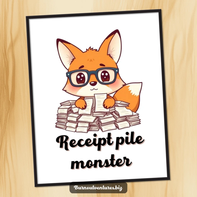 Funny fox wearing glasses looking stressed by a mountain of receipts, whimsical digital art print, excellent funny gift.