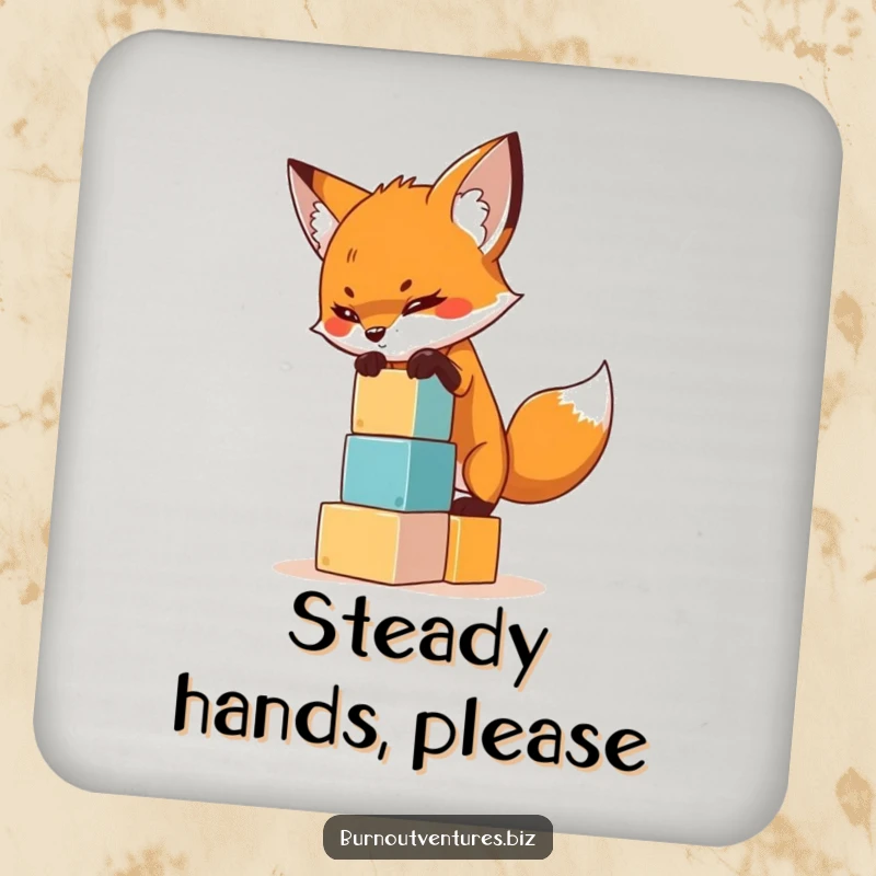 Funny drink coaster featuring a focused fox balancing tiny building blocks, a charming and humorous protector.