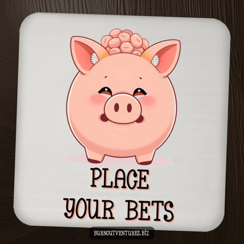 Funny fox cub peeking from a piggy bank on a drink coaster, adding a touch of financial humor to any surface.