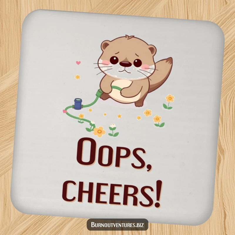 Funny drink coaster featuring a worried otter tripping over a miniature garden hose, scattering tiny flowers, a cute and comical protector.