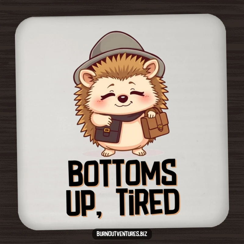 Funny hedgehog coaster showing a tired creature in a tiny hat holding a briefcase, perfect for drink protection.