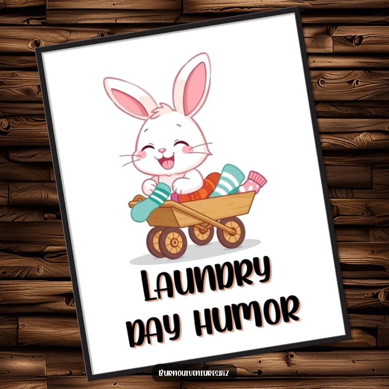 Funny poster featuring a giggling bunny pushing a tiny wheelbarrow loaded with mismatched socks, a humorous and joyful illustration.