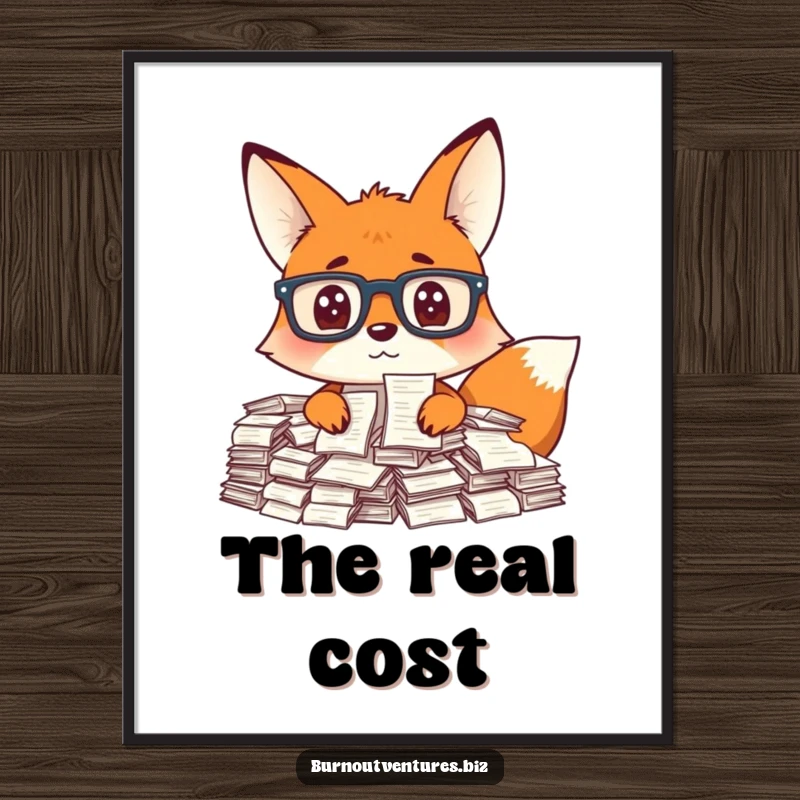 Funny fox wearing glasses looking overwhelmed by a massive pile of receipts, on a poster, perfect funny gift.