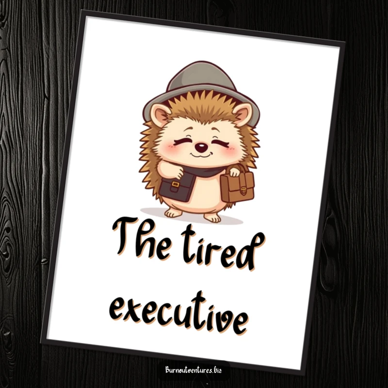 Funny hedgehog poster of a small creature in a tiny hat, holding a briefcase and looking tired, ideal humorous wall art.