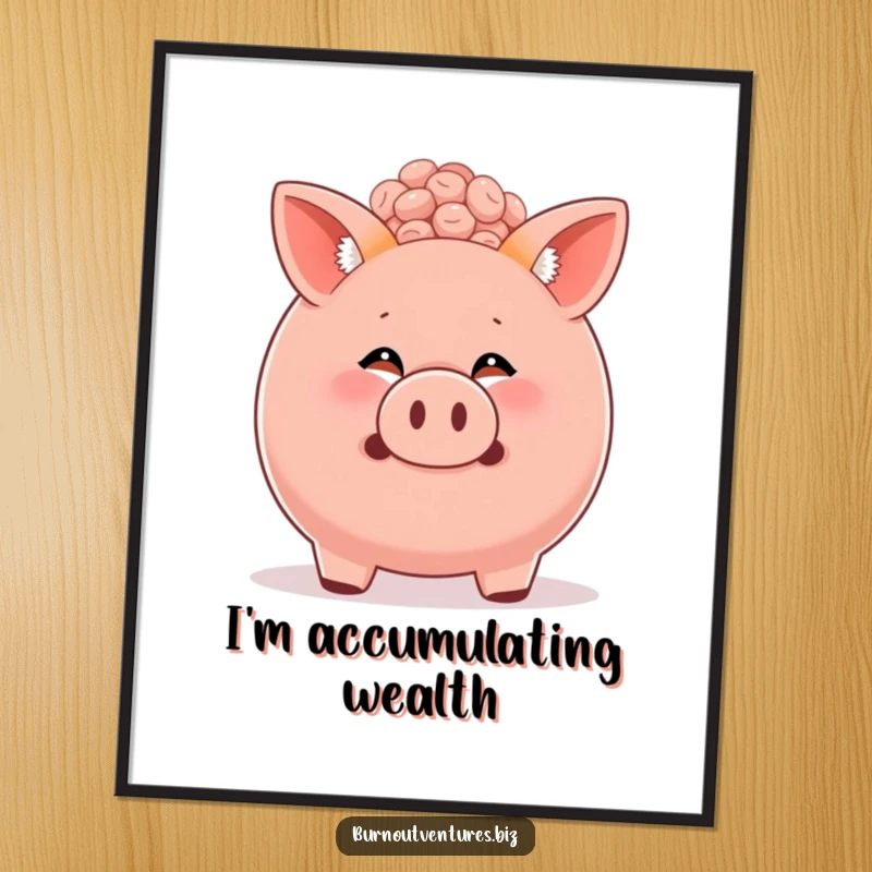 Funny fox cub peeking over a huge, overflowing piggy bank in a whimsical poster design, perfect for financial humor decor.