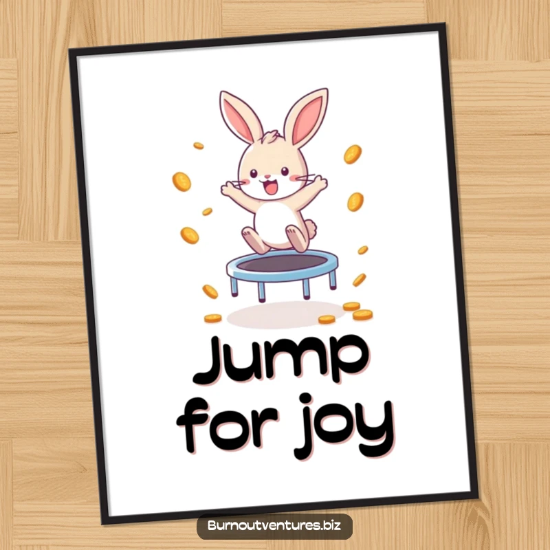 Funny Bunny Poster: A playful bunny enthusiastically bounces on a tiny trampoline, scattering coins with energetic glee, a hilarious action art piece.