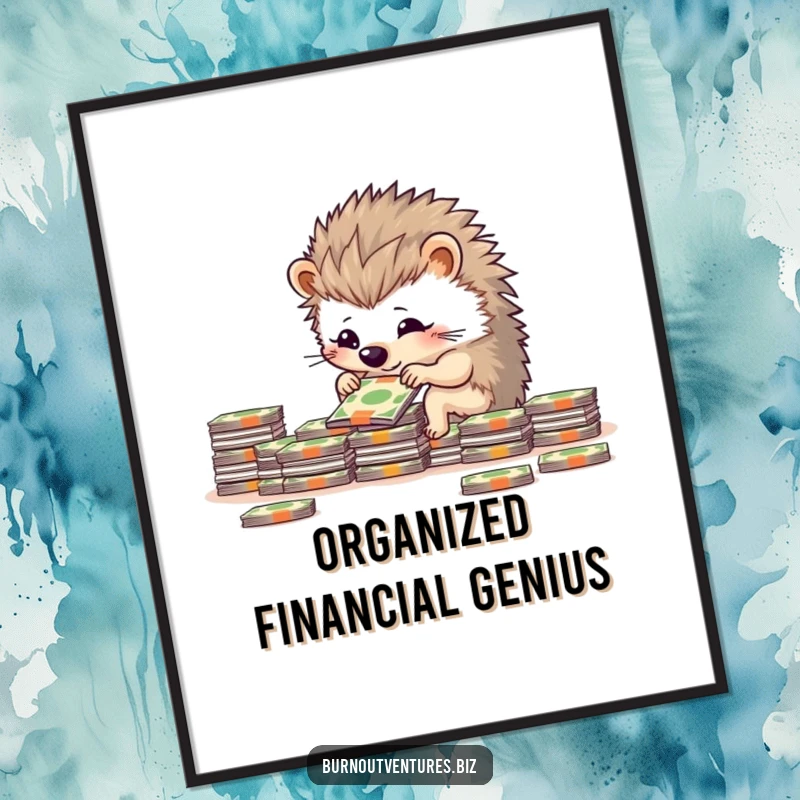 Funny determined hedgehog carefully arranging miniature bills into neat stacks in a poster design, symbolizing financial order.