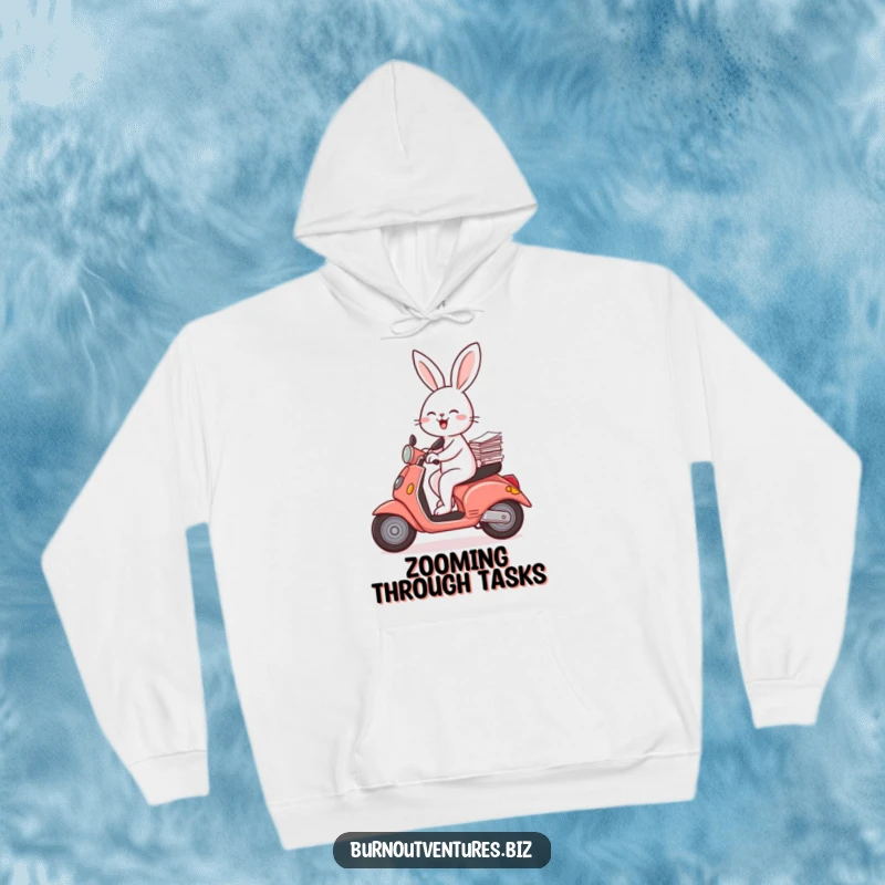 Funny rabbit on a scooter balancing papers, depicted on a cozy hoodie, perfect funny gift.