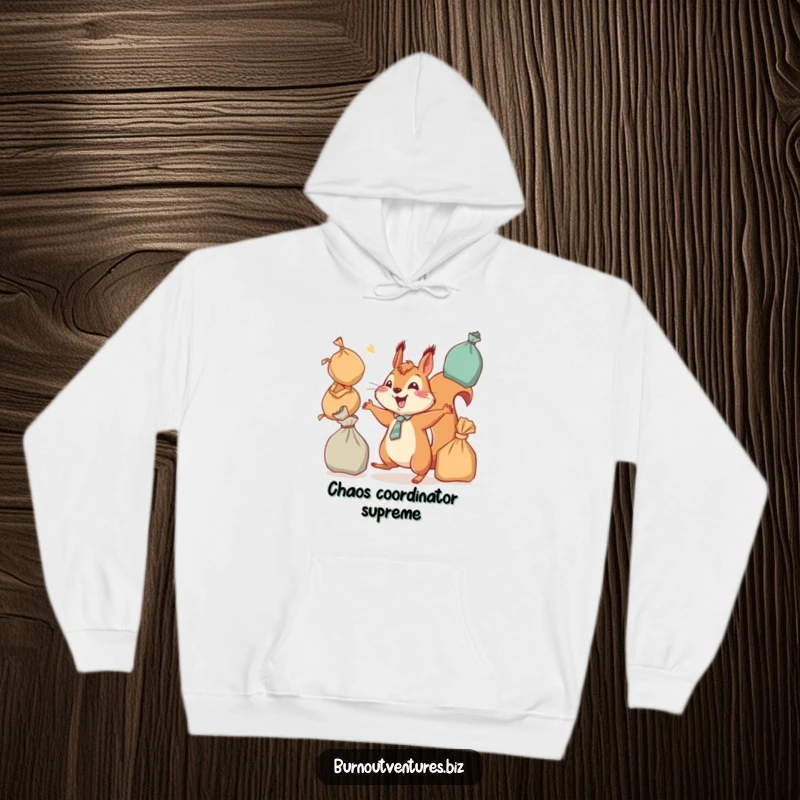 Funny squirrel in a tie, juggling overflowing bags, depicted on a soft hoodie, perfect for a cozy funny gift.