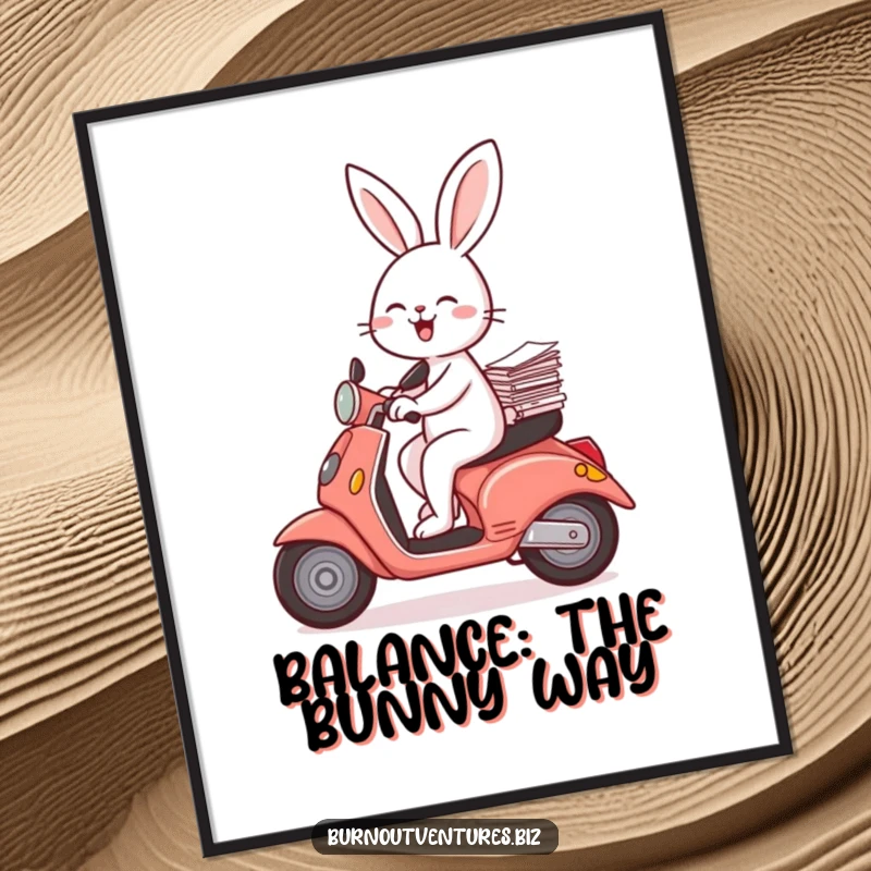 Funny Free Printable Wall Art: Joyful rabbit balances a tiny stack of papers while zipping along on a scooter.