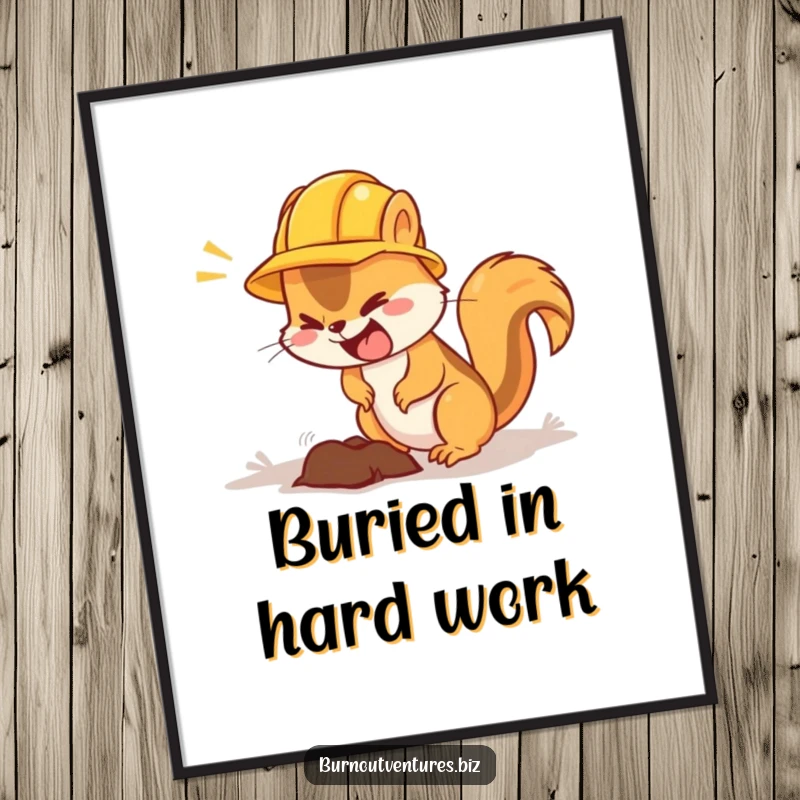 Funny Free Printable flustered squirrel in hard hat digging hole, industrious wall art, downloadable and print at home.