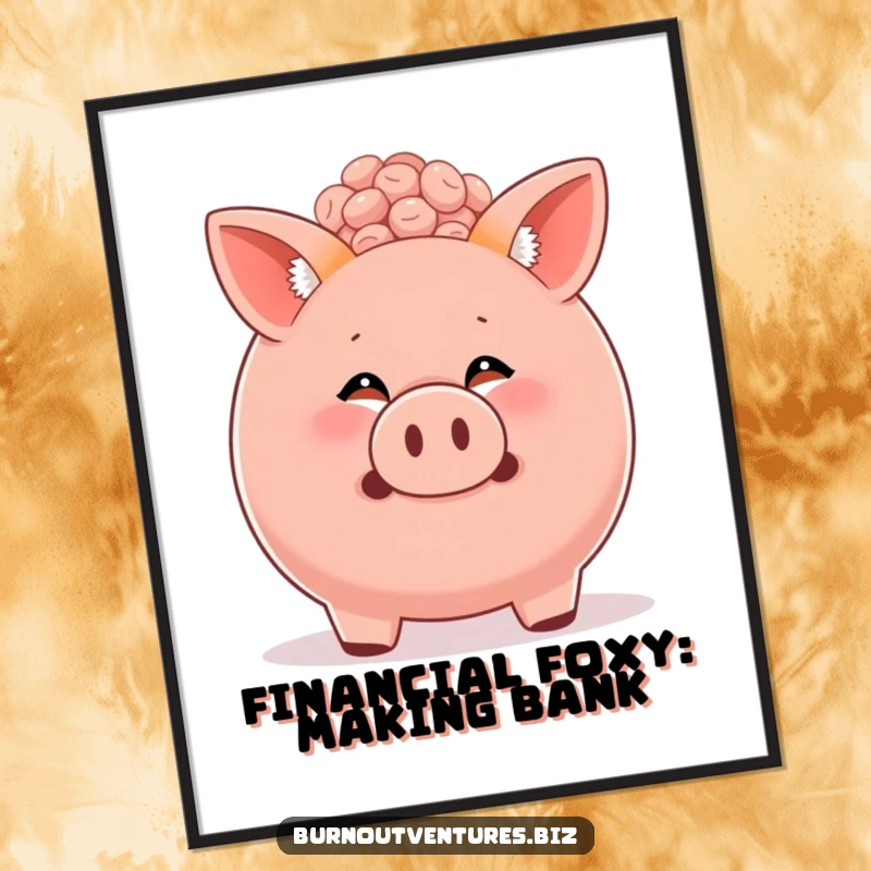 Funny Free Printable Wall Art: Curious fox cub peeking from an overflowing piggy bank, ideal for humorous home decor.