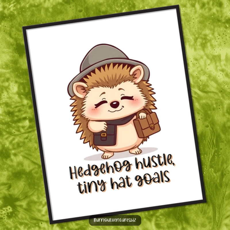 Funny Free Printable Wall Art: Happy hedgehog in tiny hat holding briefcase, looking tired, DIY downloadable art.