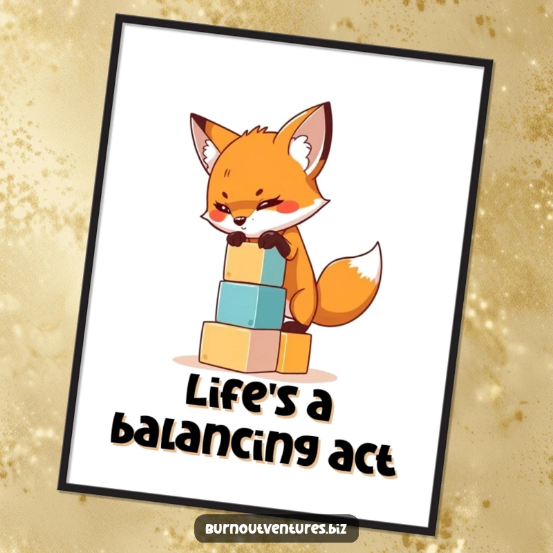 Funny Free Printable Wall Art: A determined fox tries to balance a precarious stack of tiny building blocks, a comical feat.